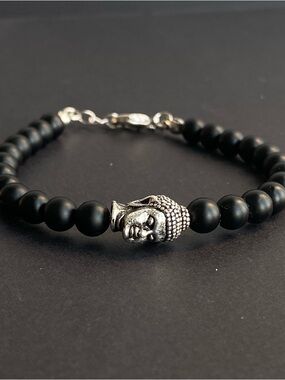 Hematite beaded Buddha Head Stretch Bracelet in Matte Black and Silver